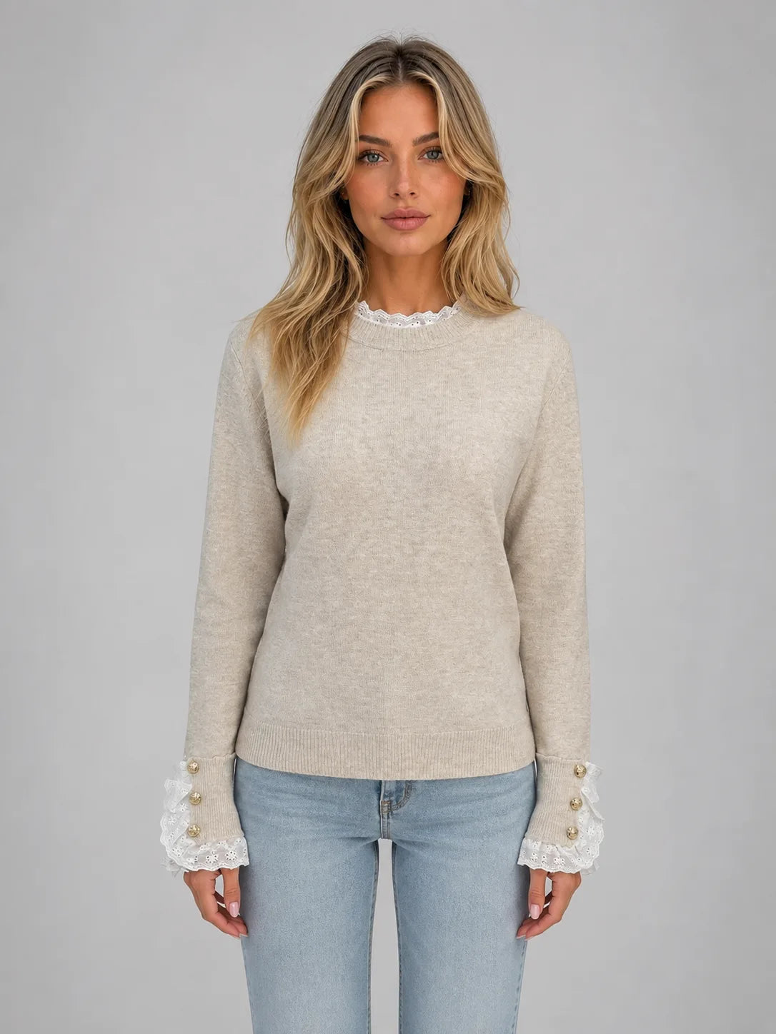 Women's Lace-Trim Crewneck Knit Sweater with Button Cuffs