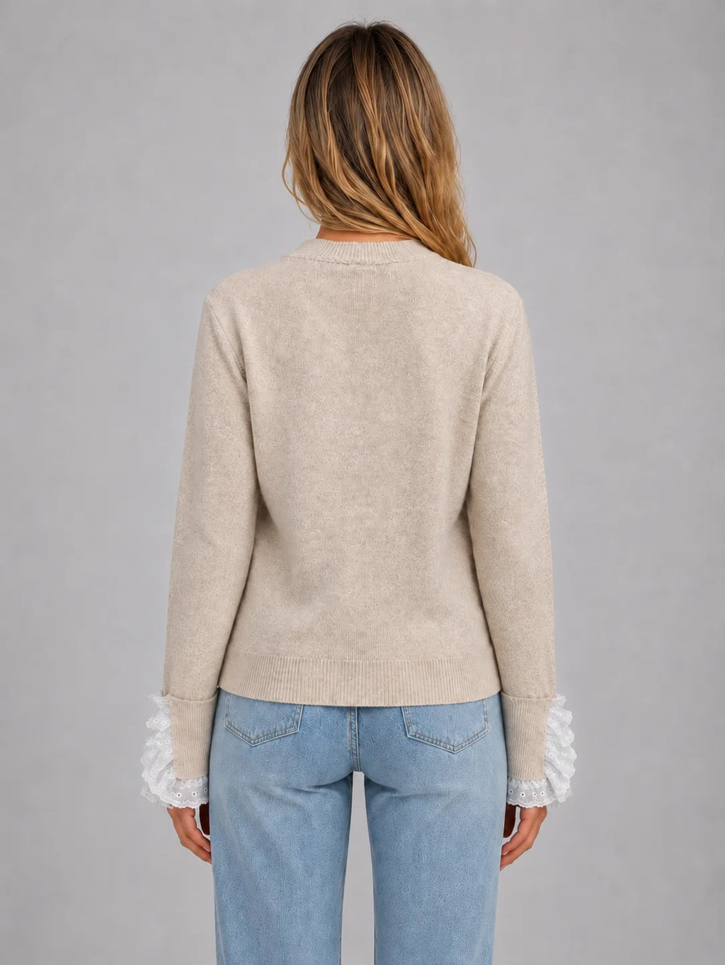 Women's Lace-Trim Crewneck Knit Sweater with Button Cuffs