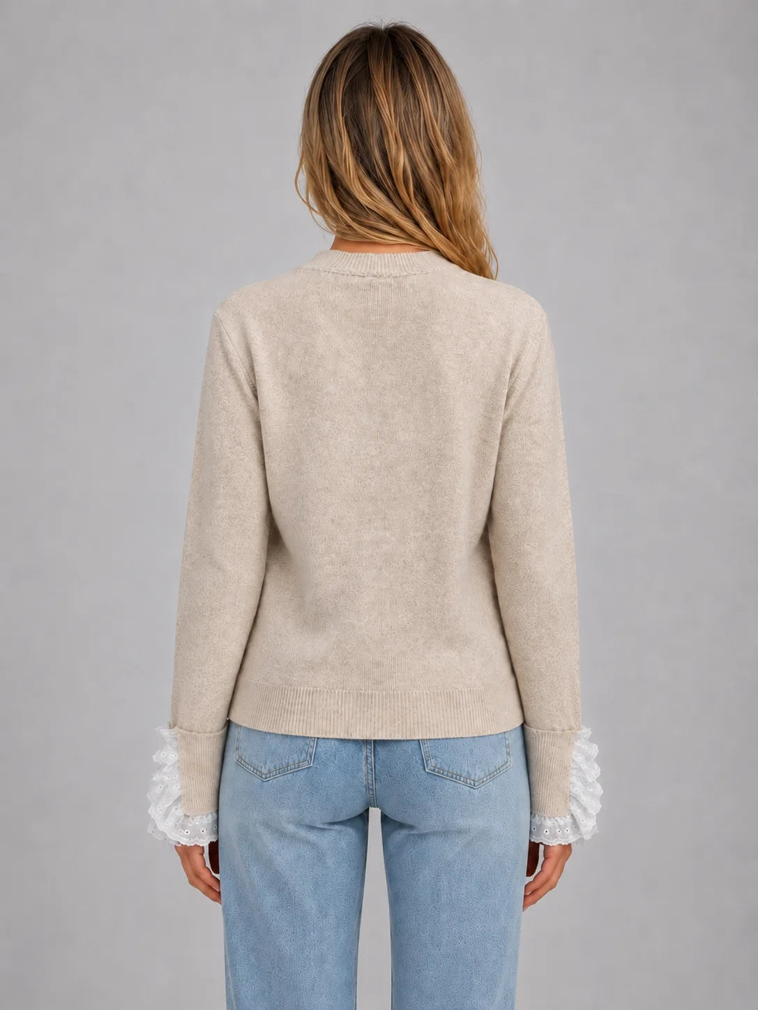Women's Lace-Trim Crewneck Knit Sweater with Button Cuffs