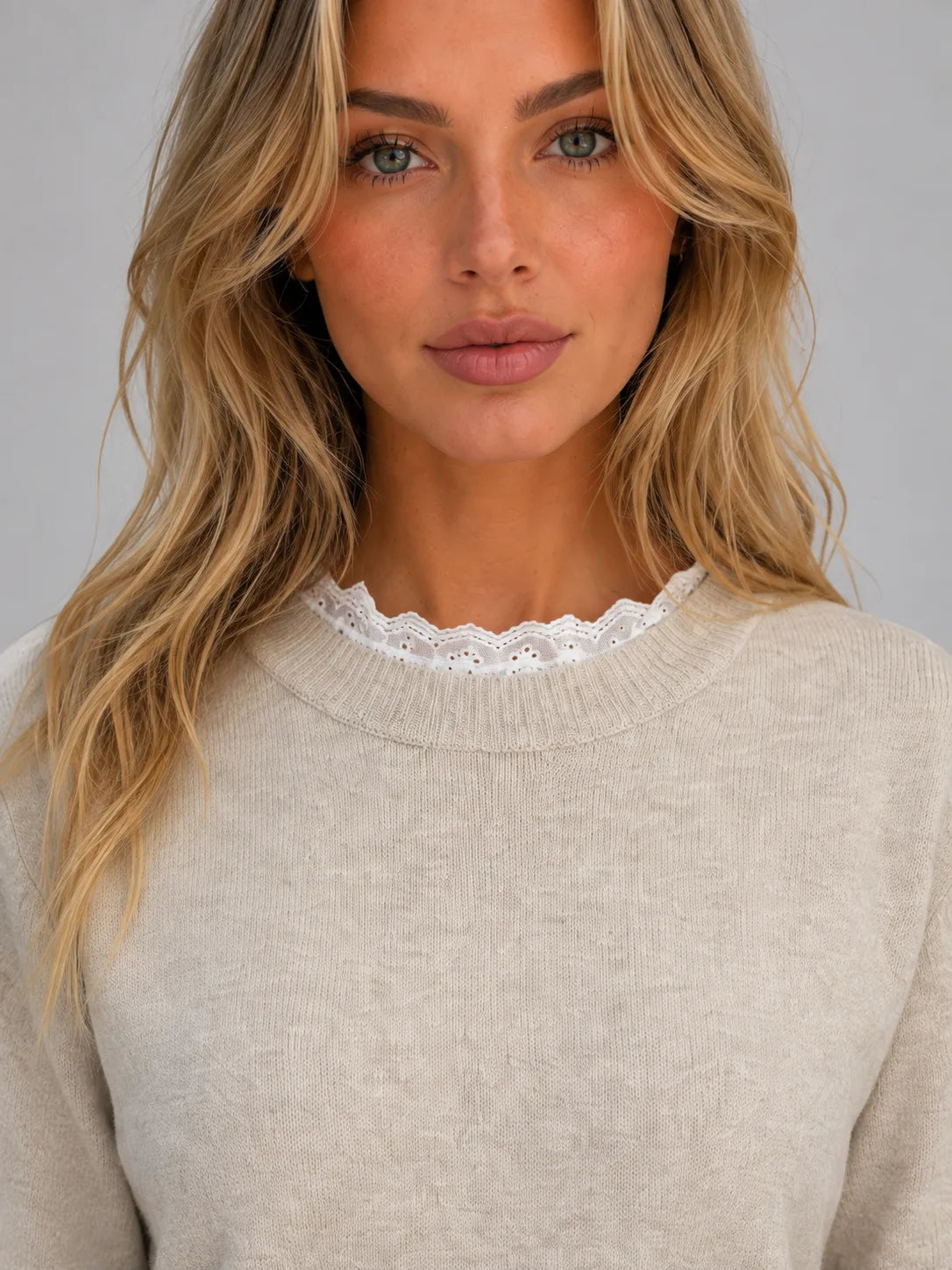 Women's Lace-Trim Crewneck Knit Sweater with Button Cuffs