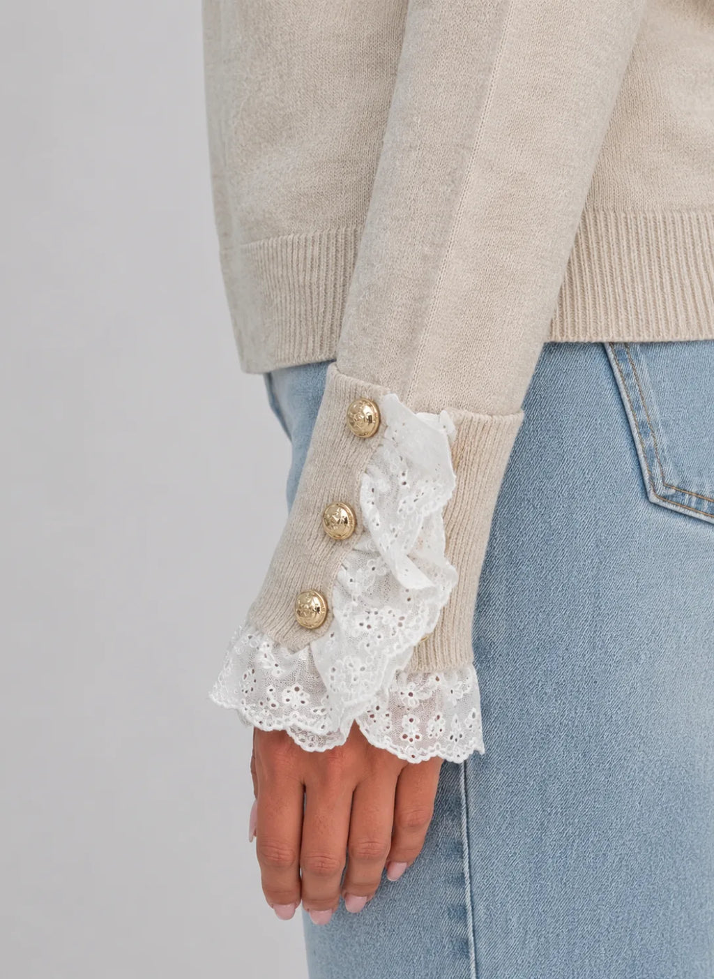 Women's Lace-Trim Crewneck Knit Sweater with Button Cuffs