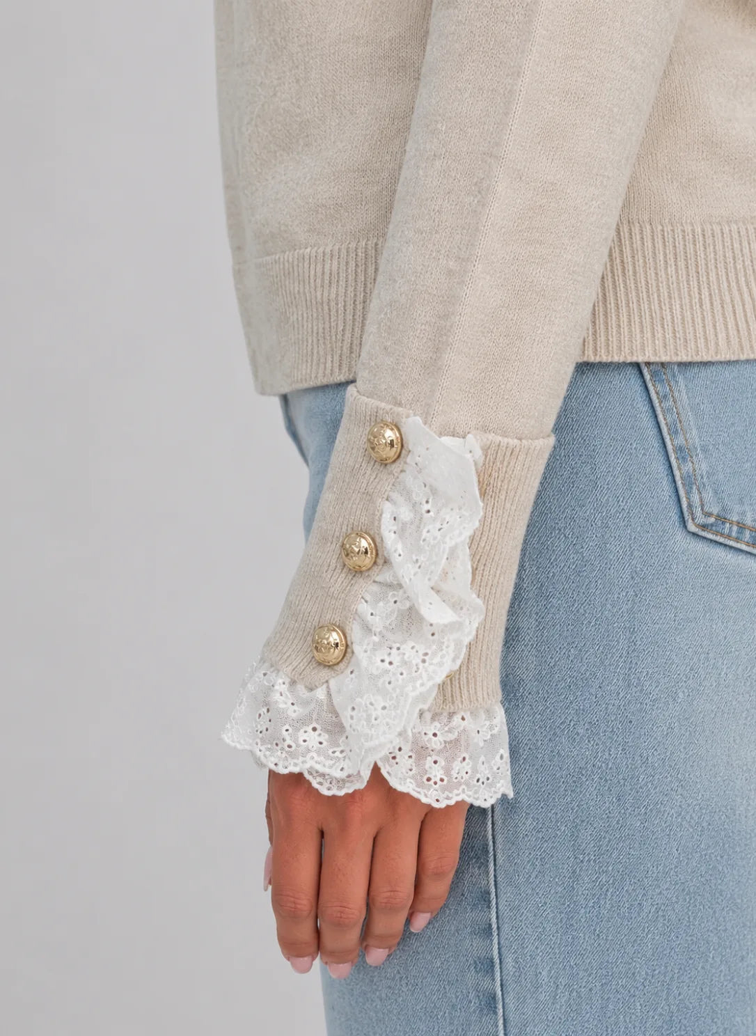 Women's Lace-Trim Crewneck Knit Sweater with Button Cuffs