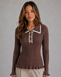 Women's Rib-Knit Polo Sweater with Ruffle Hem
