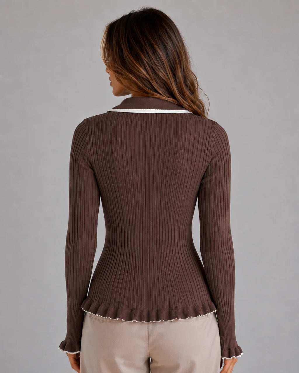 Women's Rib-Knit Polo Sweater with Ruffle Hem