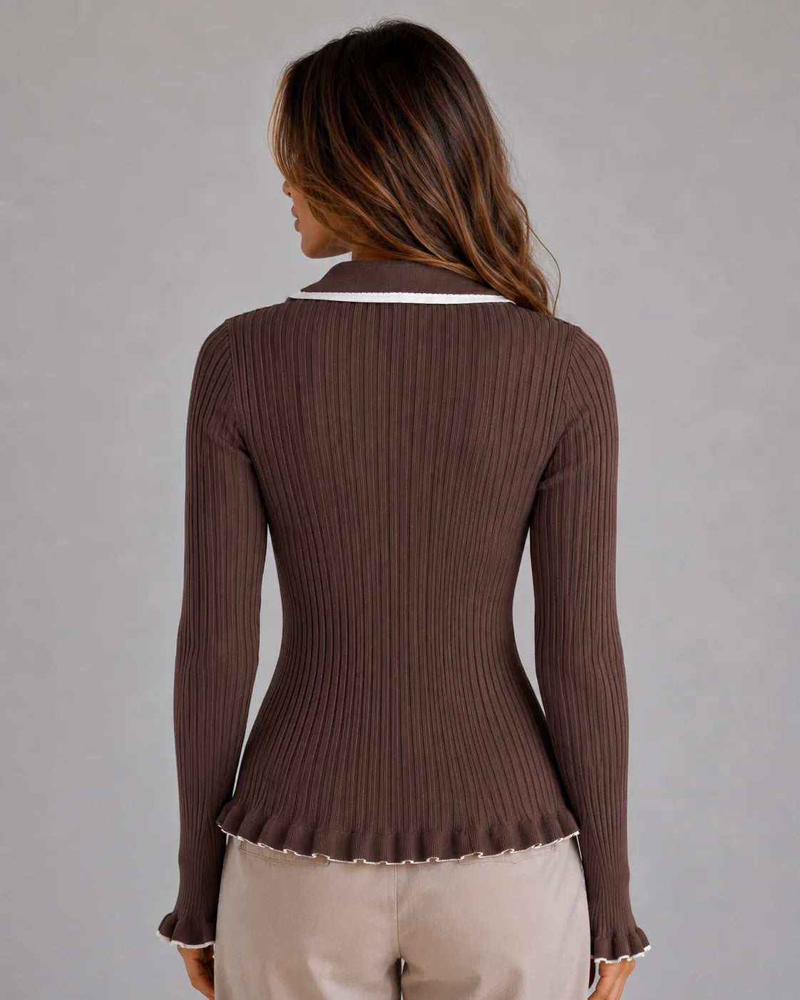 Women's Rib-Knit Polo Sweater with Ruffle Hem