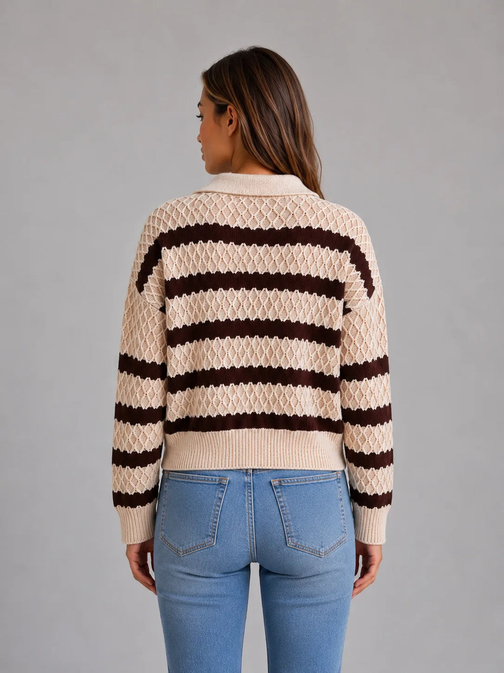 Women's Striped Textured Knit Polo Sweater