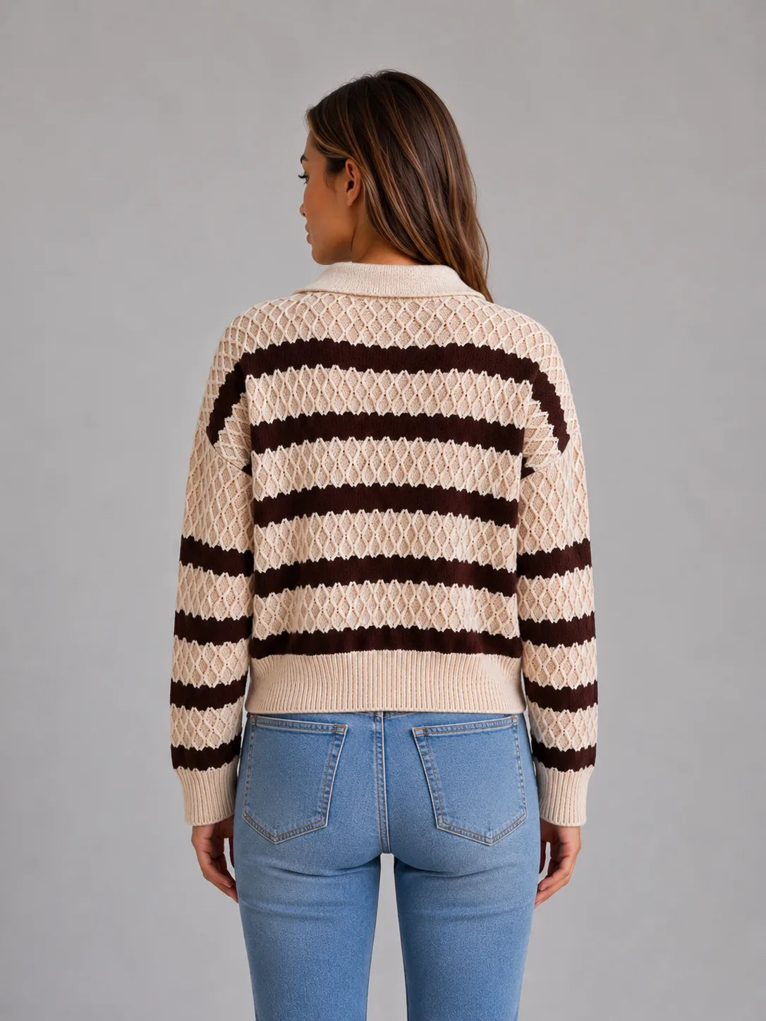 Women's Striped Textured Knit Polo Sweater
