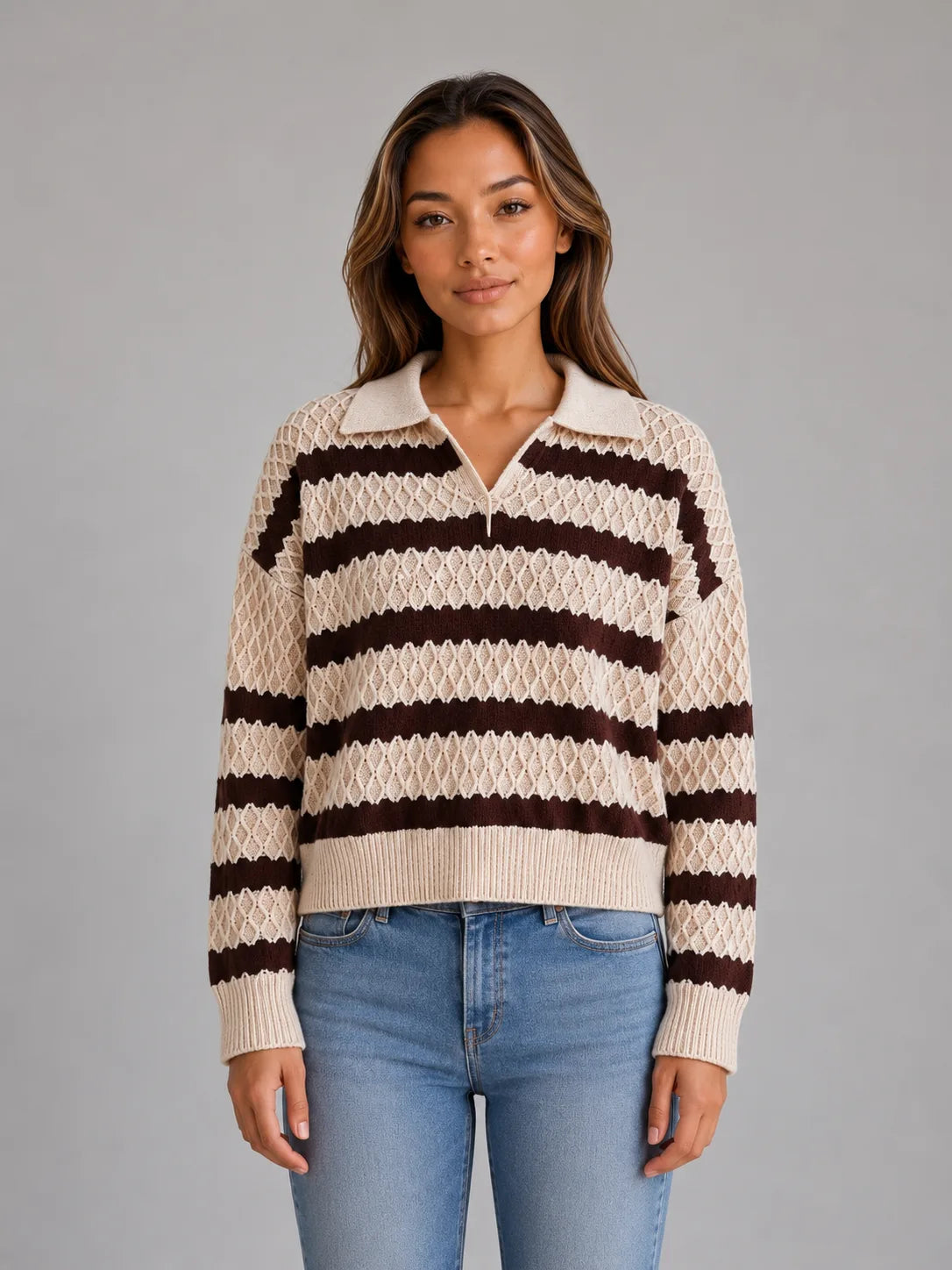 Women's Striped Textured Knit Polo Sweater