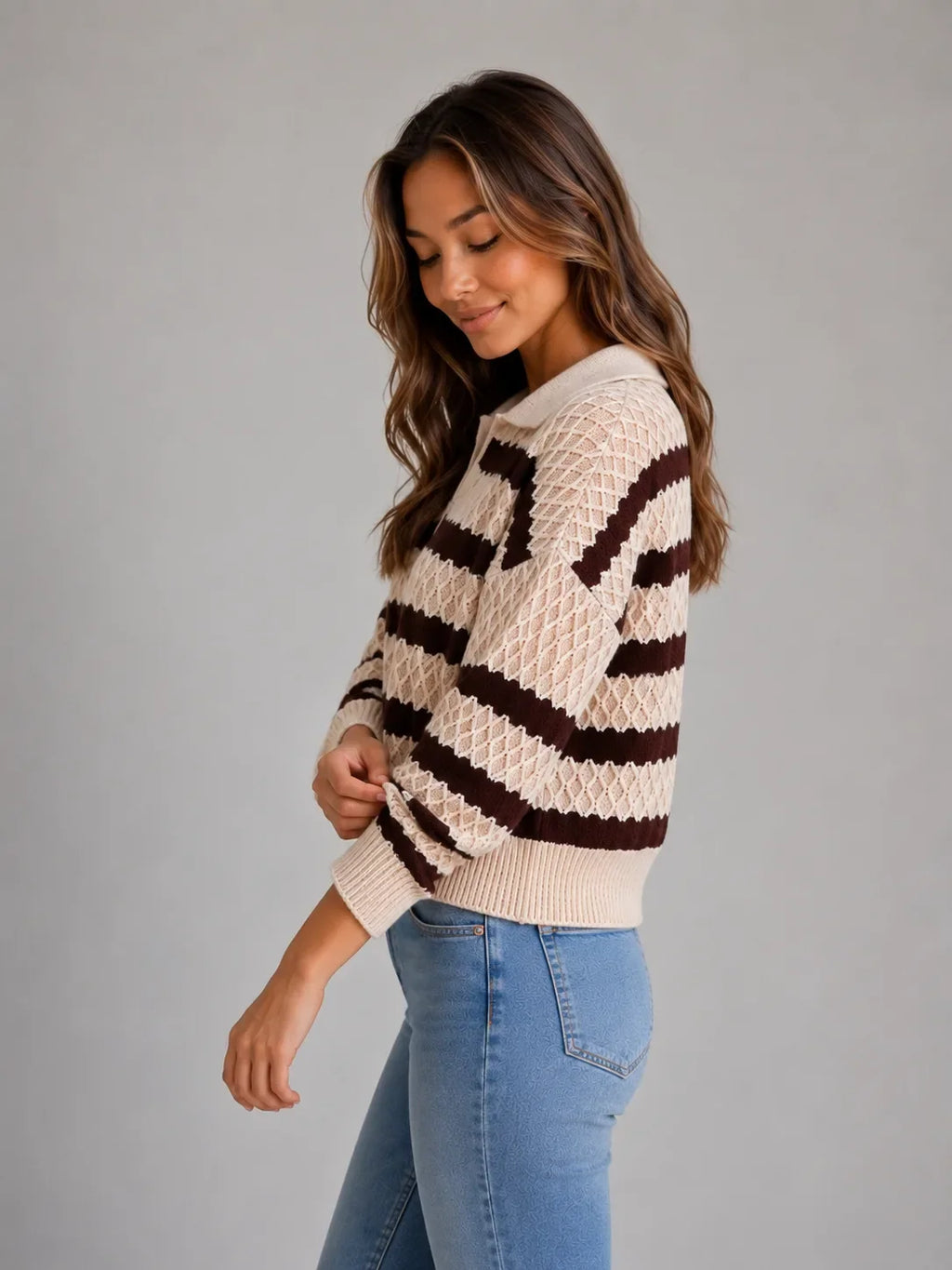 Women's Striped Textured Knit Polo Sweater