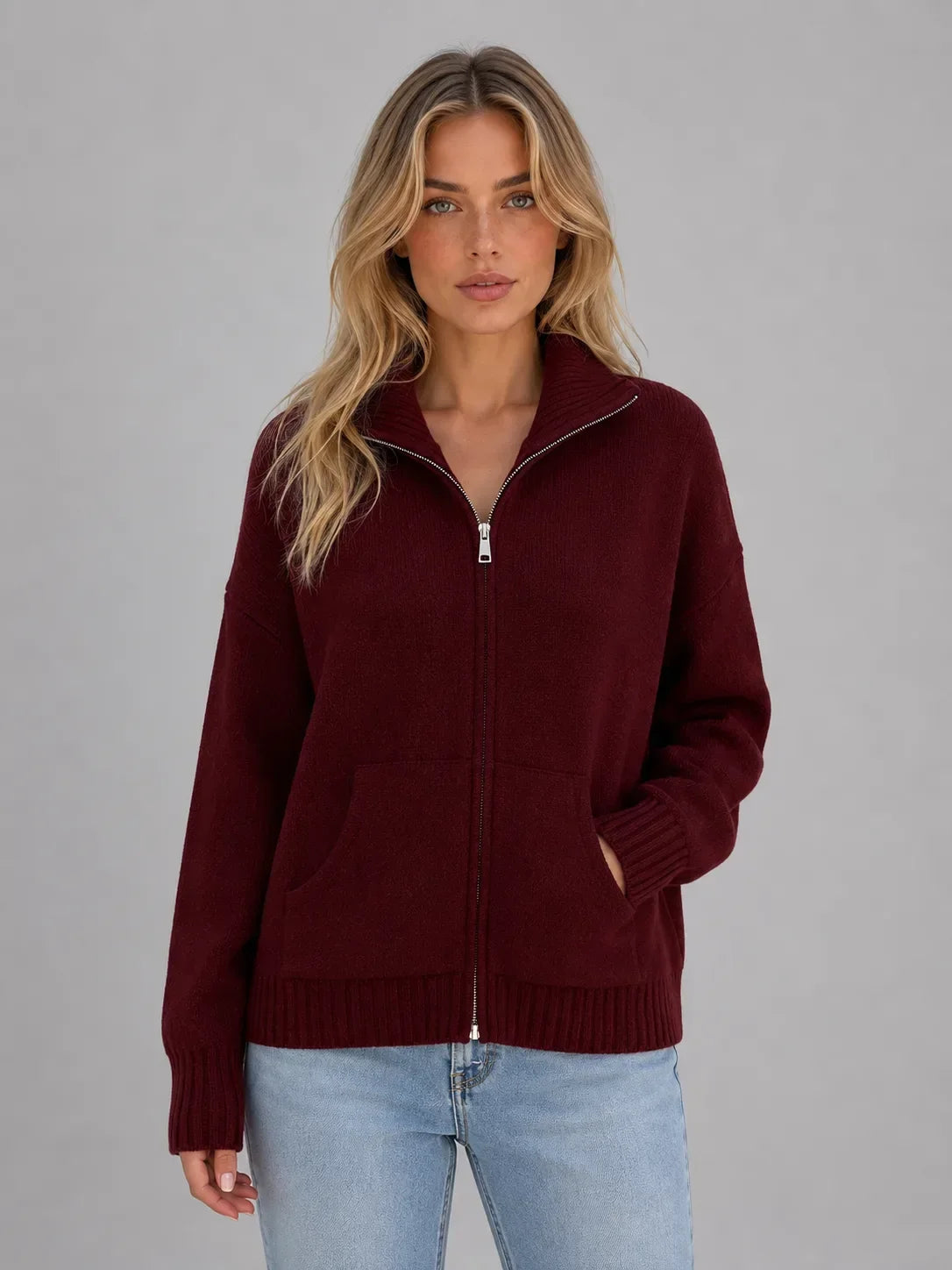 Women's Zip-Up Knit Cardigan with Stand Collar