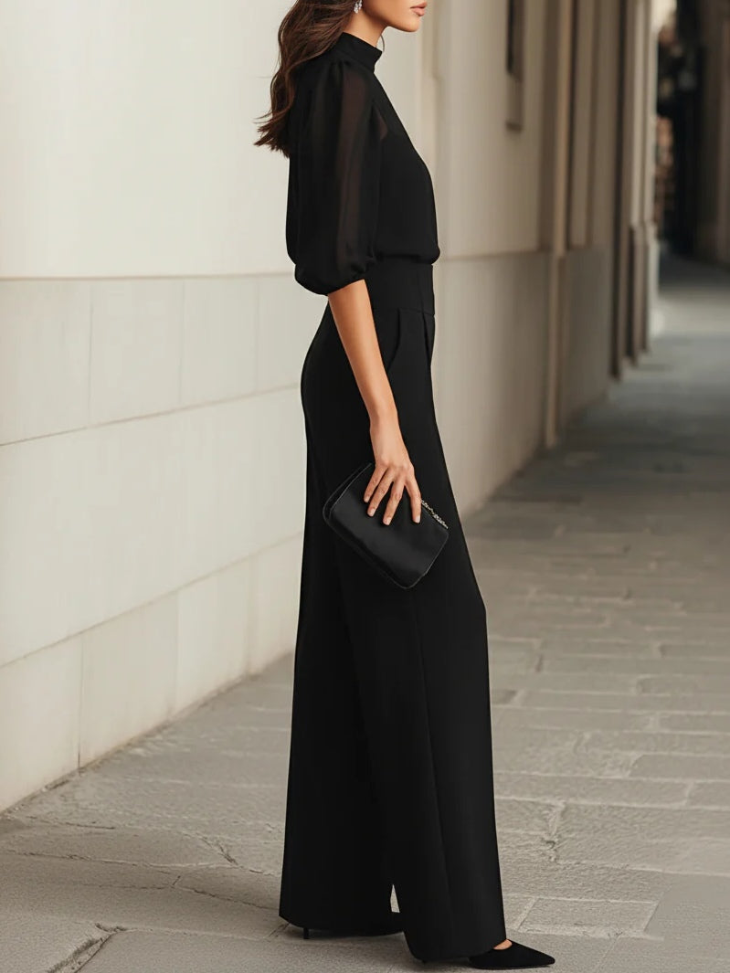 Women's Sheer Puff-Sleeve Blouse & Wide-Leg Pants Set
