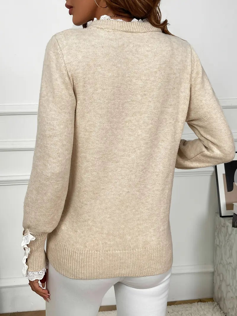 Women's Lace Trim Knit Sweater with Gold Buttons