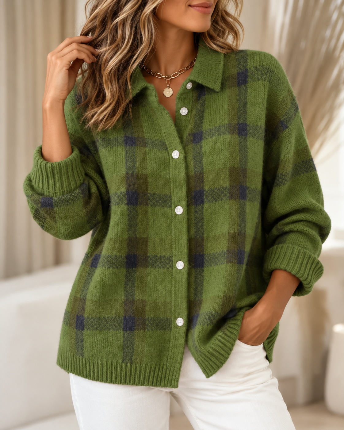 Women's Plaid Knit Button-Up Cardigan