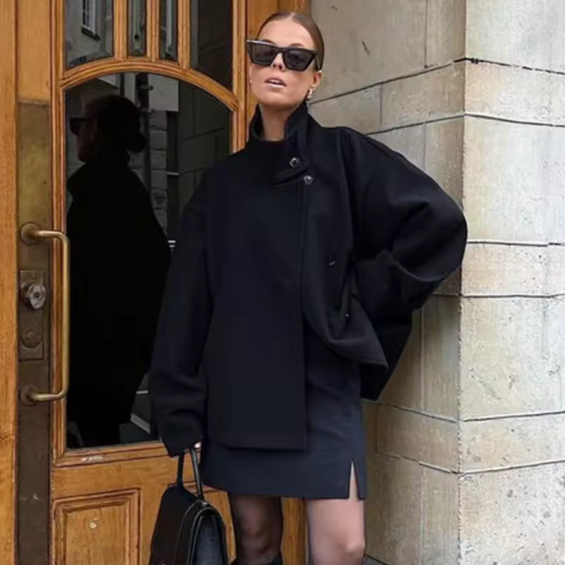 Women's Cropped Funnel-Neck Double-Breasted Coat