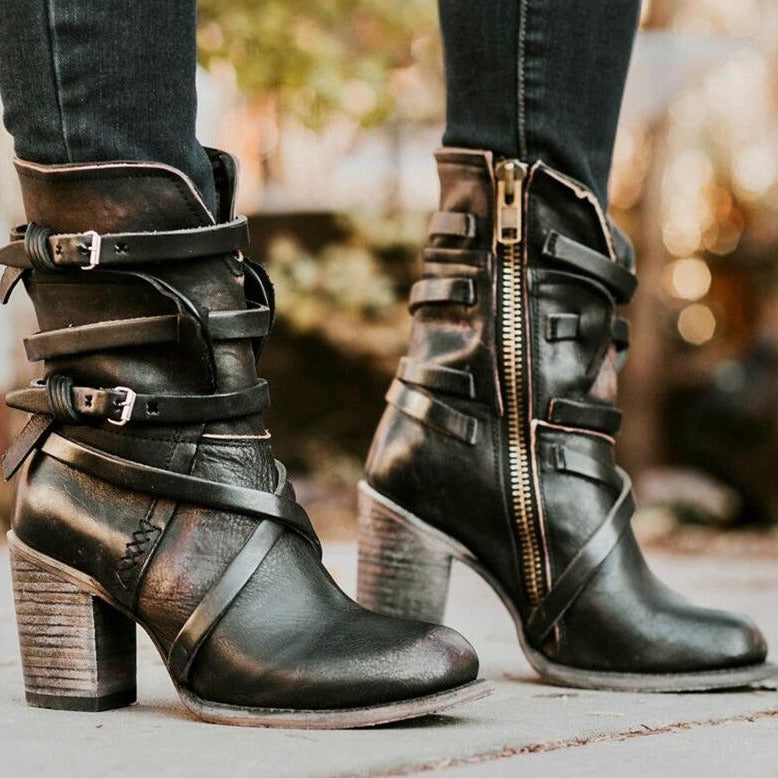 Women's Buckle Strap Heeled Ankle Boots