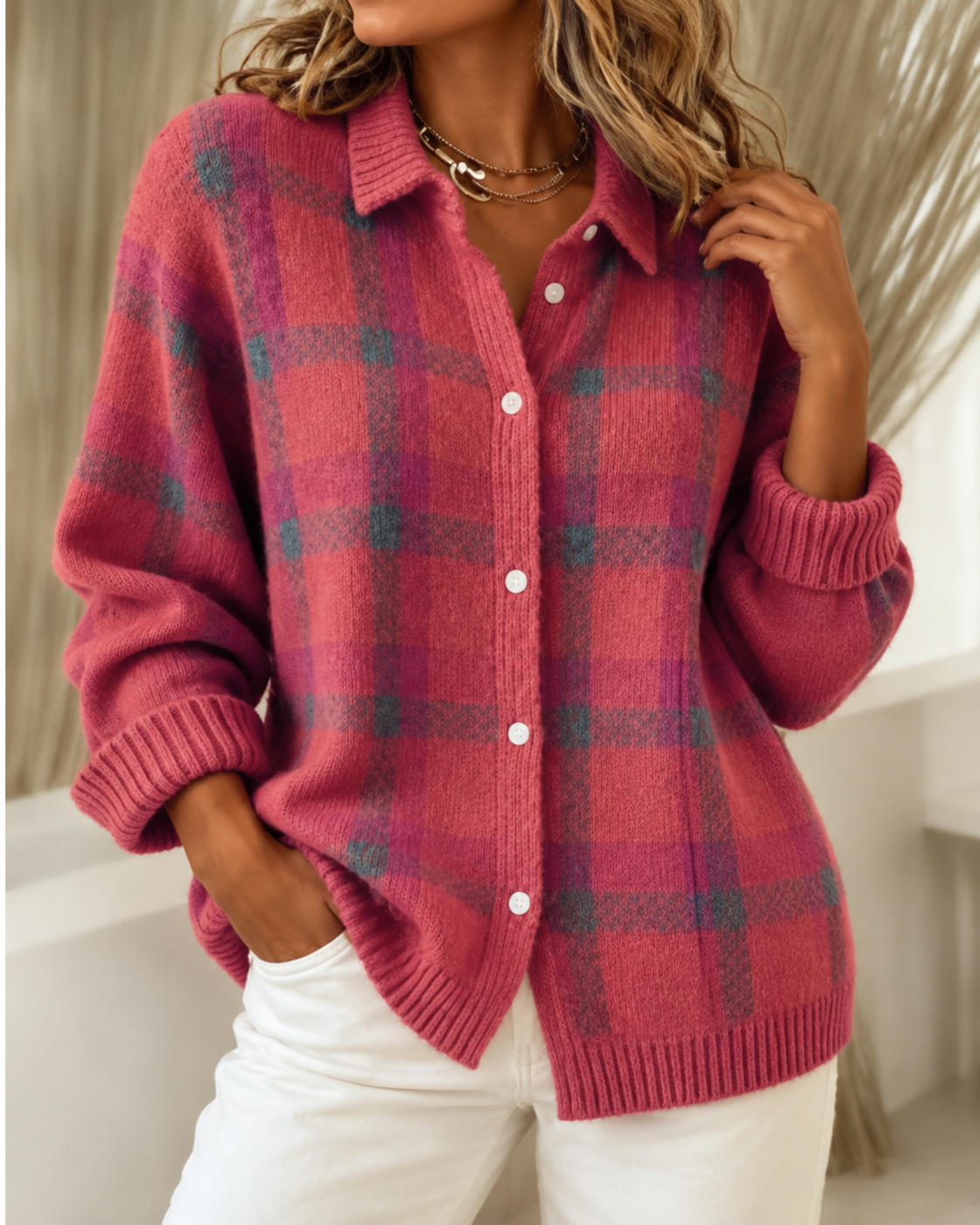 Women's Plaid Knit Button-Up Cardigan