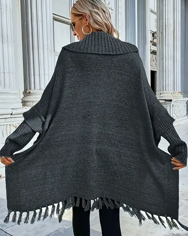 Women's Turtleneck Fringe Poncho Sweater