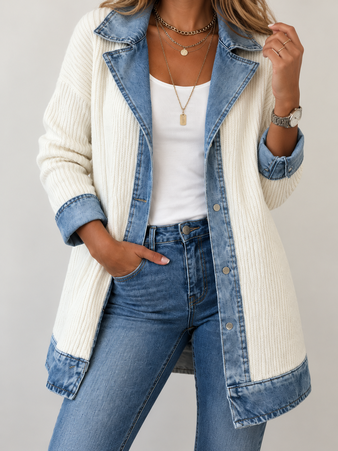 Women's Knit Coat with Denim Lapels
