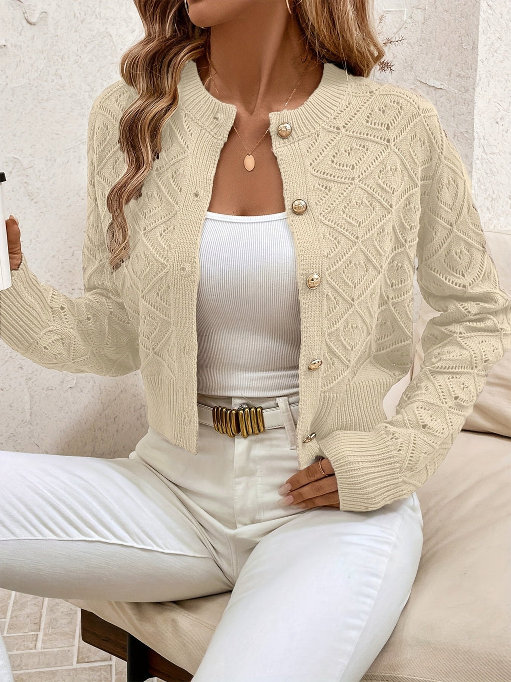 Women's Pointelle Knit Cropped Cardigan
