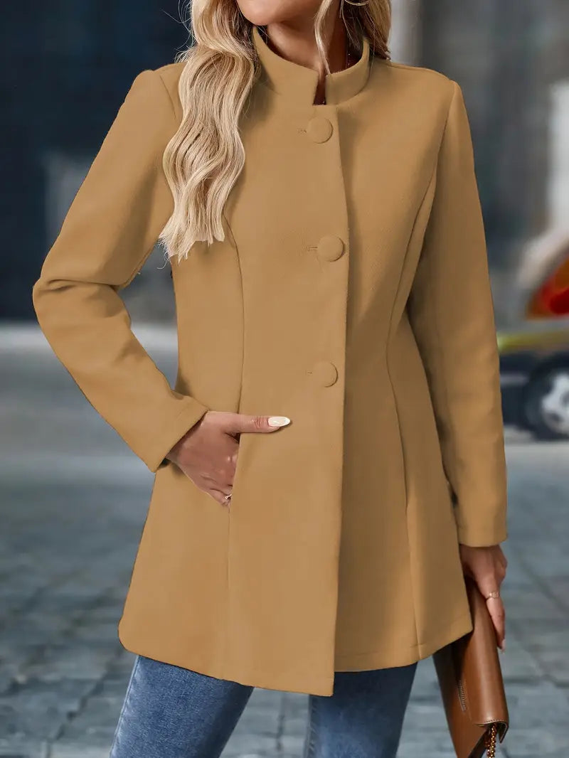 Women's Tailored Stand-Collar Coat with Covered Buttons