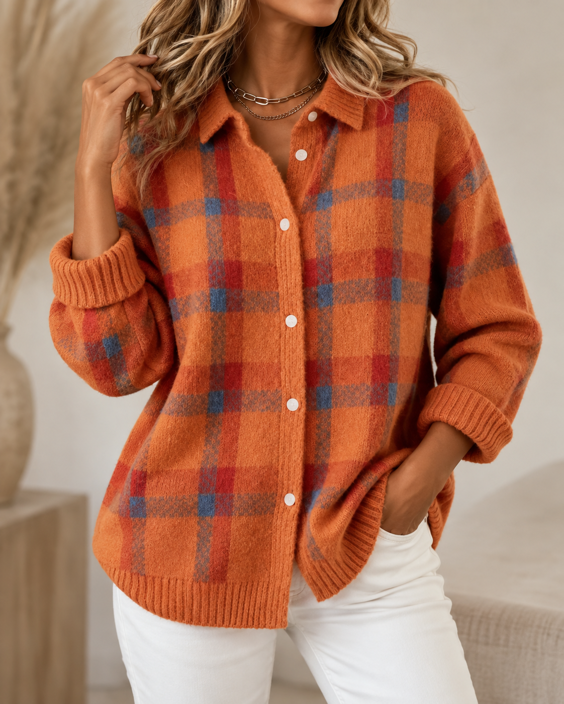 Women's Plaid Knit Button-Up Cardigan