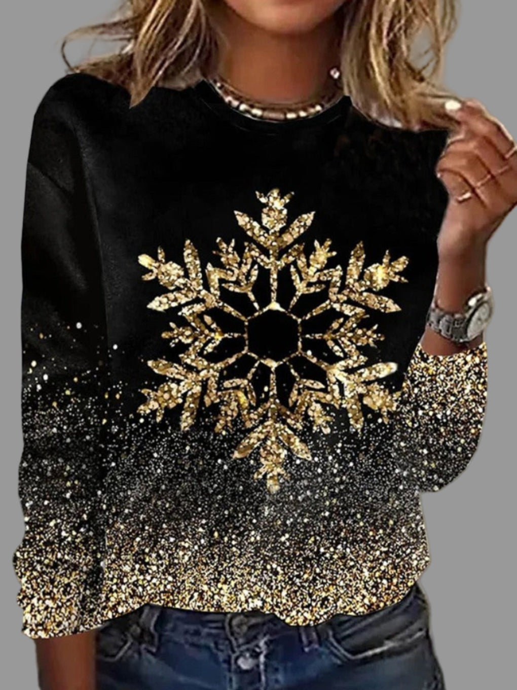 Women's Christmas Sweater with Gold Snowflake Print