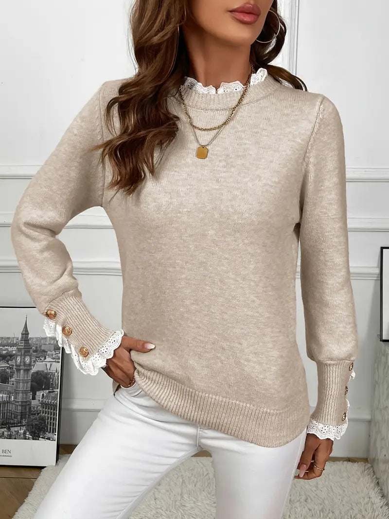 Women's Lace Trim Knit Sweater with Gold Buttons
