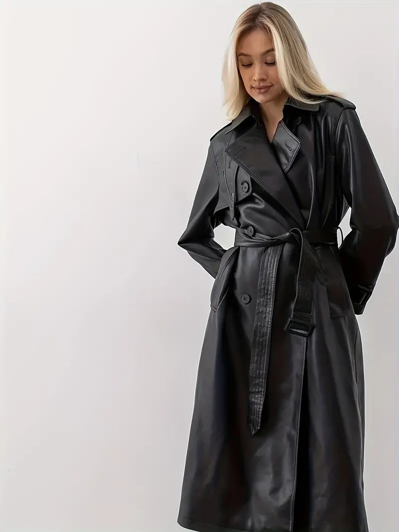 Women's Long Belted Faux Leather Trench Coat
