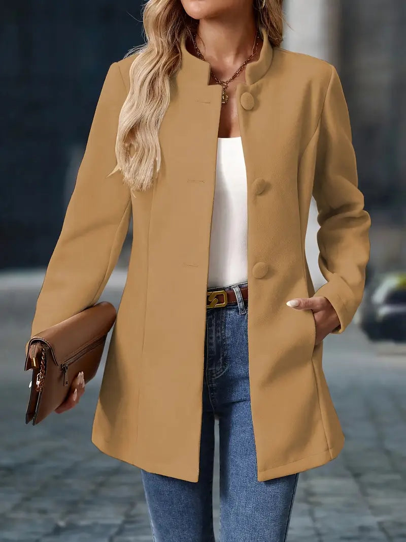 Women's Tailored Stand-Collar Coat with Covered Buttons