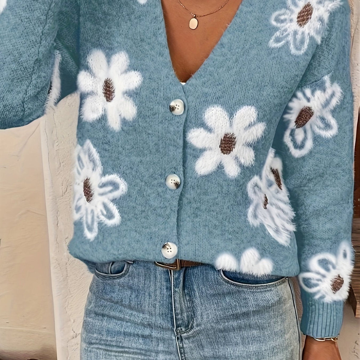 Women's Floral Knit V-Neck Cardigan