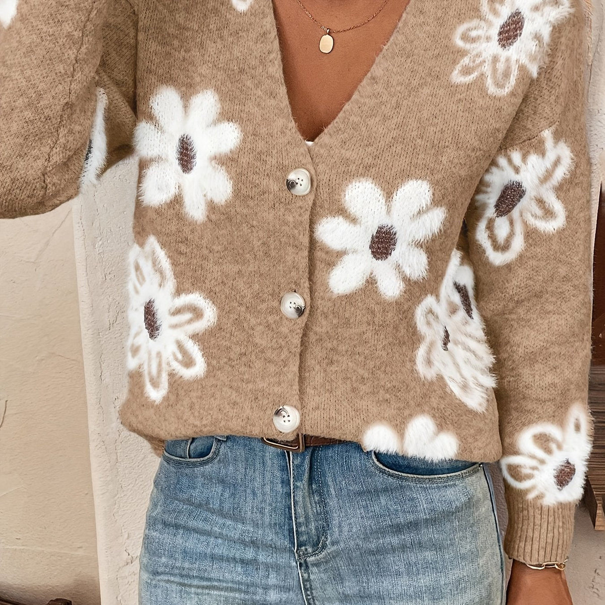 Women's Floral Knit V-Neck Cardigan