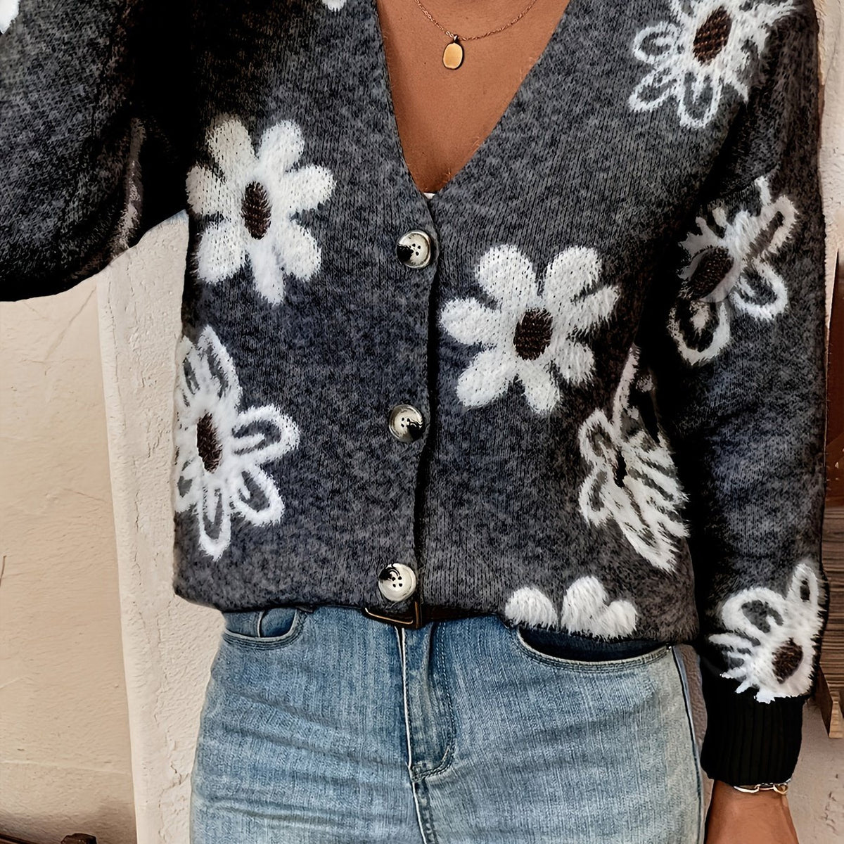 Women's Floral Knit V-Neck Cardigan