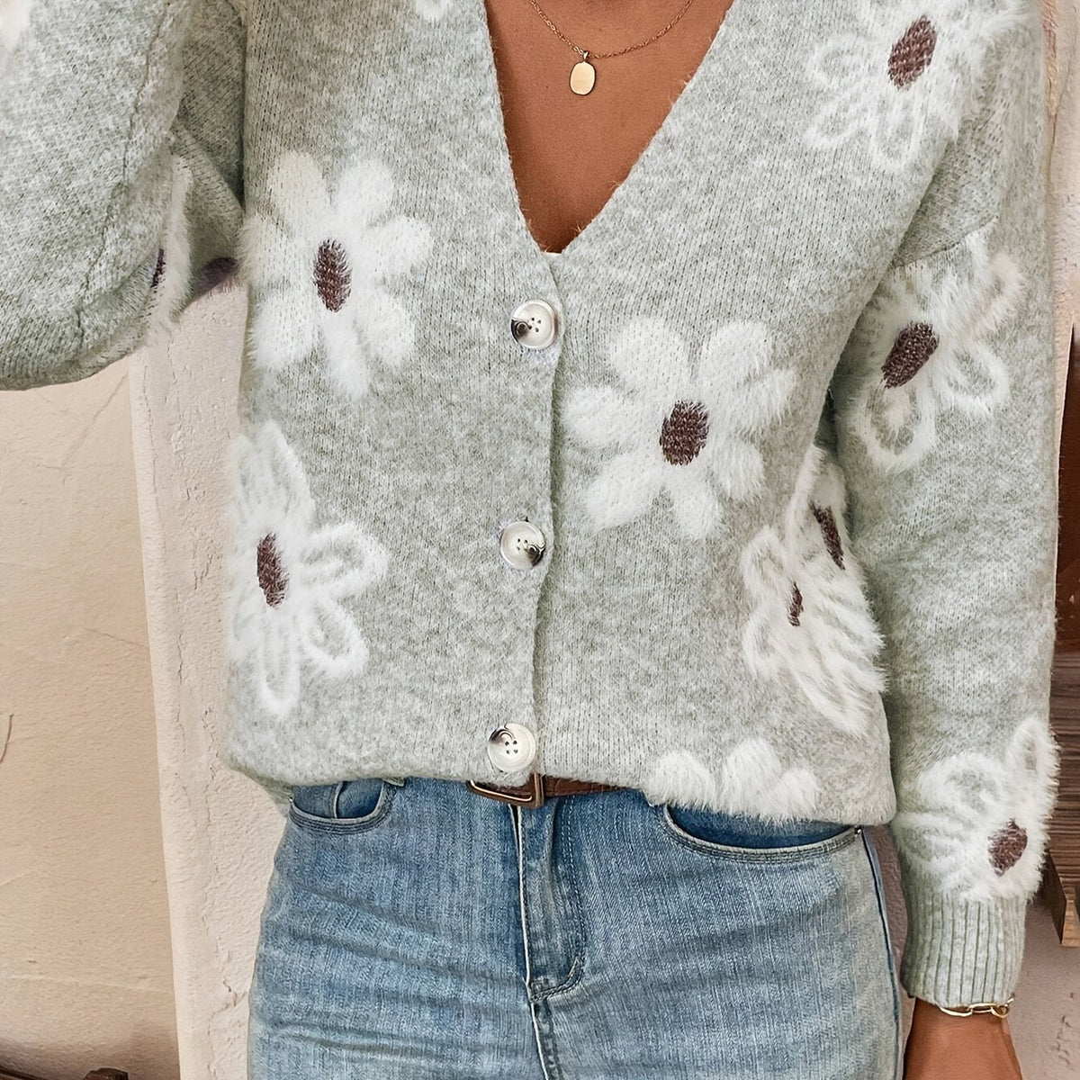 Women's Floral Knit V-Neck Cardigan