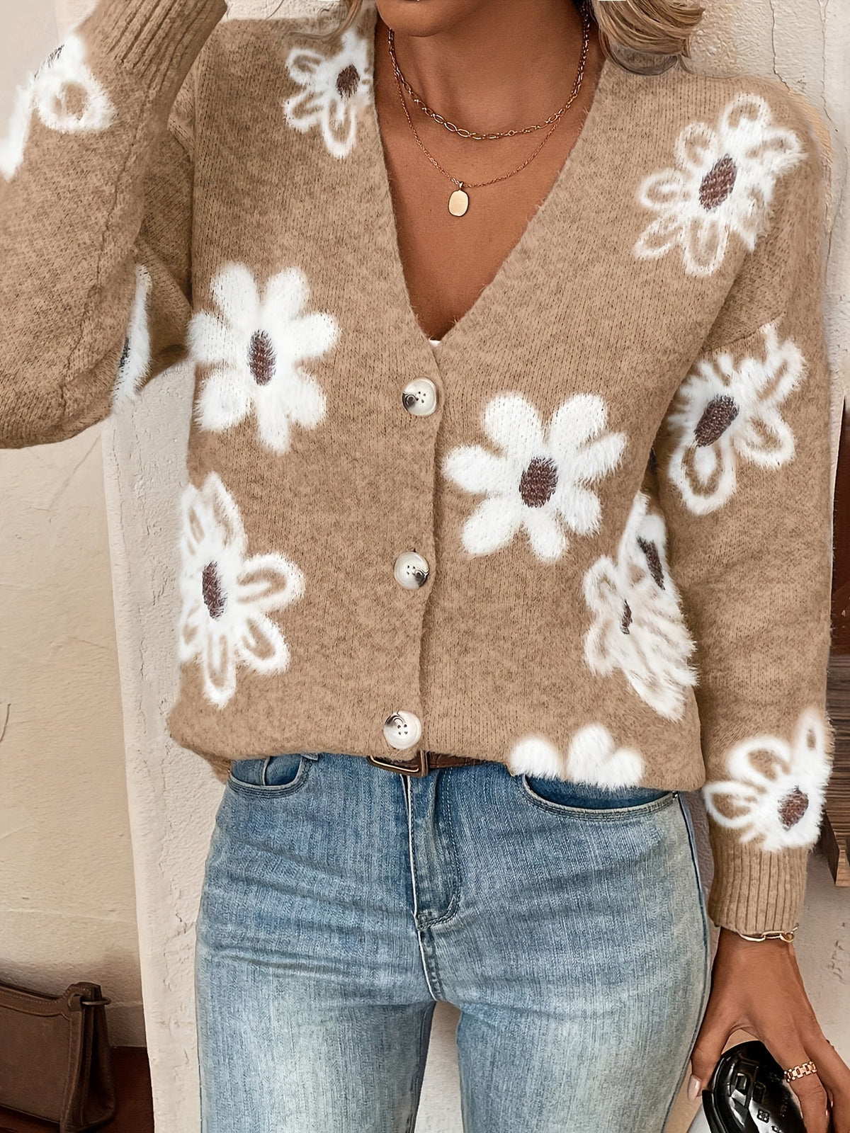 Women's Floral Knit V-Neck Cardigan