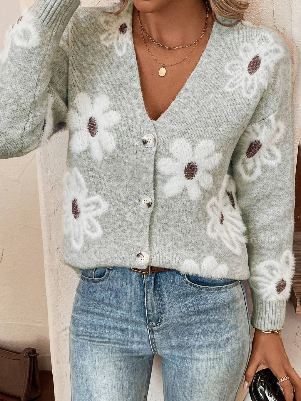 Women's Floral Knit V-Neck Cardigan