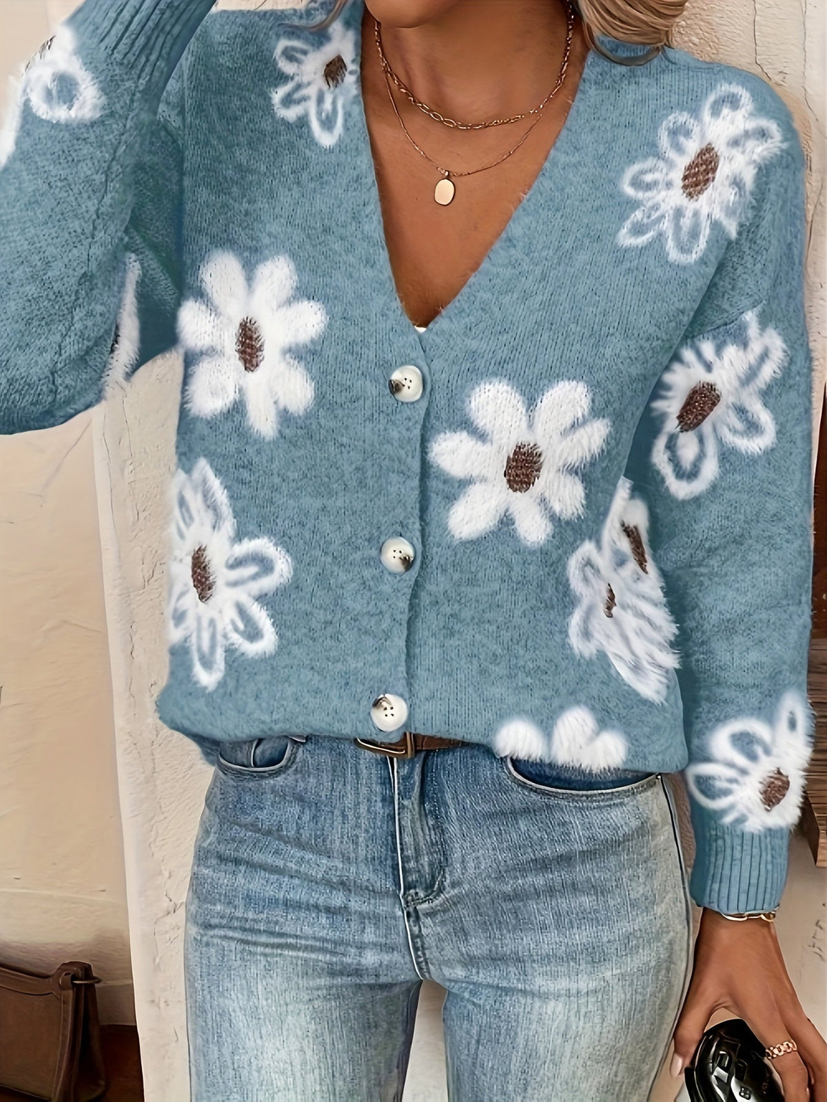 Women's Floral Knit V-Neck Cardigan