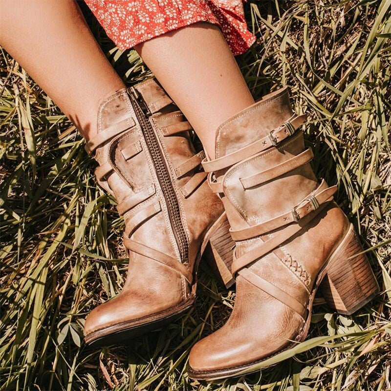 Women's Buckle Strap Heeled Ankle Boots