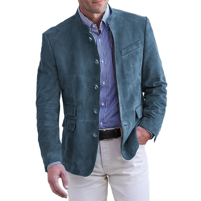 Men's Faux Suede Mandarin Collar Blazer