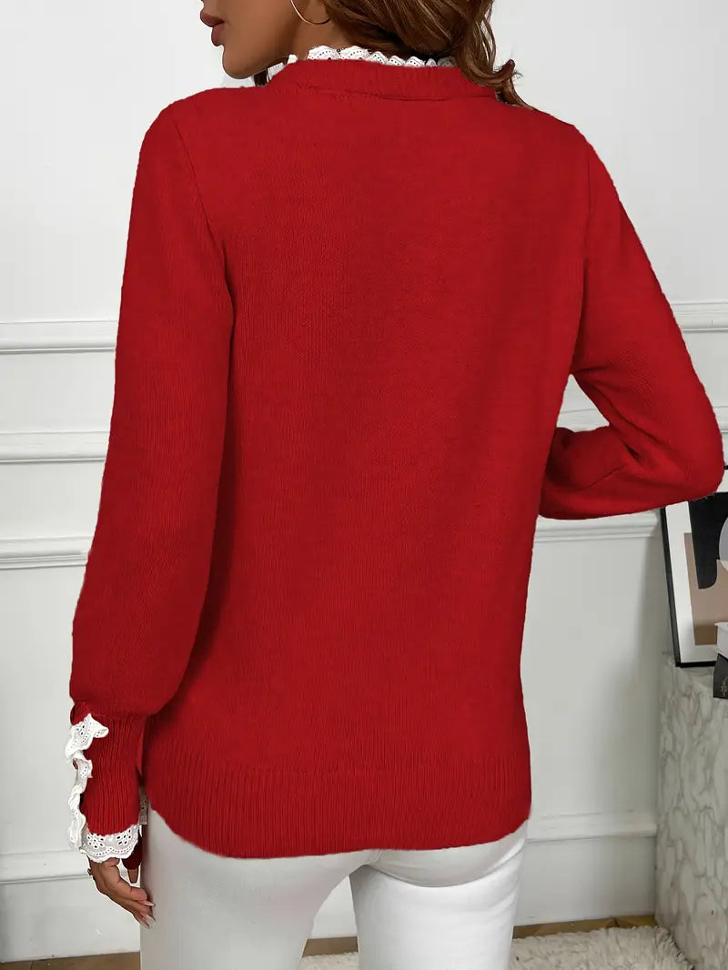 Women's Lace Trim Knit Sweater with Gold Buttons