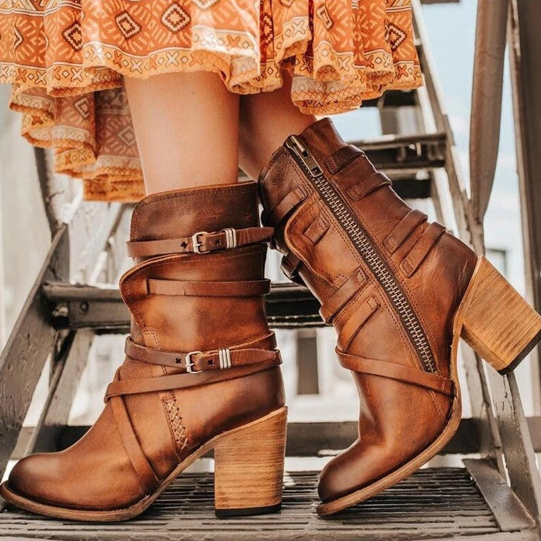 Women's Buckle Strap Heeled Ankle Boots