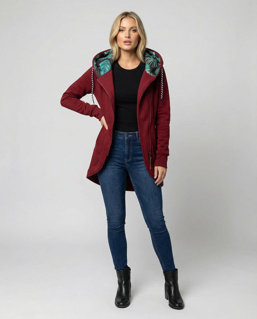 Women's Longline Asymmetrical Zip-Up Fleece Coat with Hood