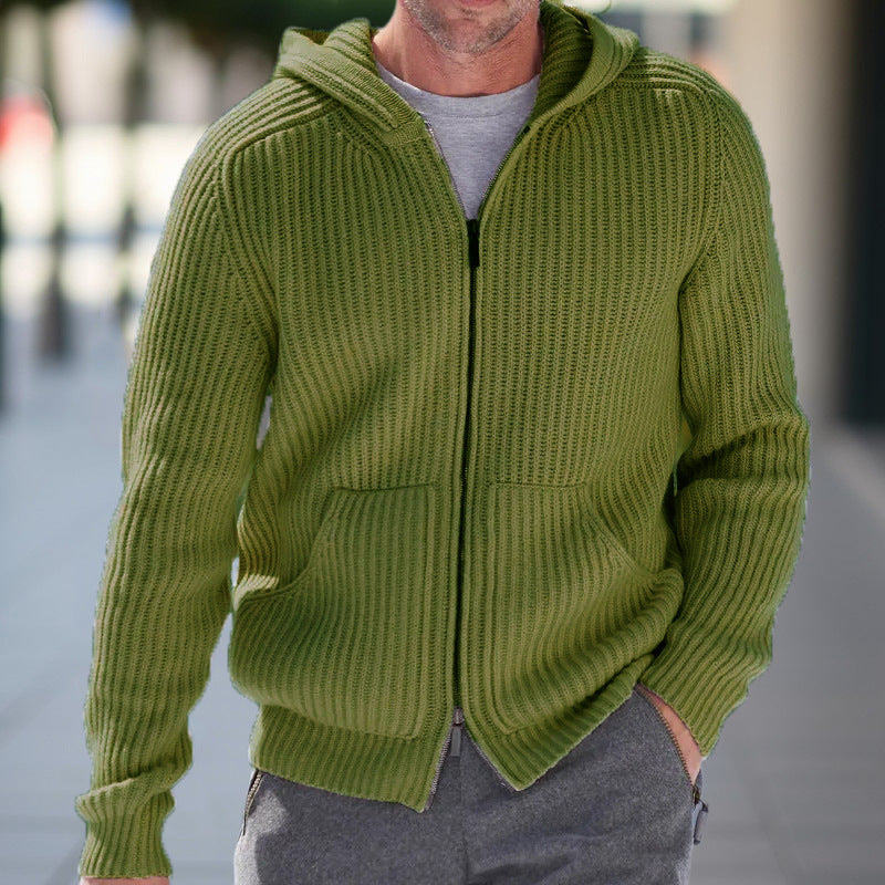 Men's Chunky Knit Hooded Zip-Up Cardigan