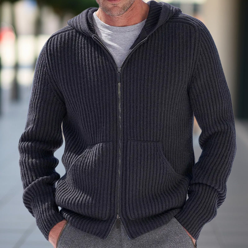 Men's Chunky Knit Hooded Zip-Up Cardigan