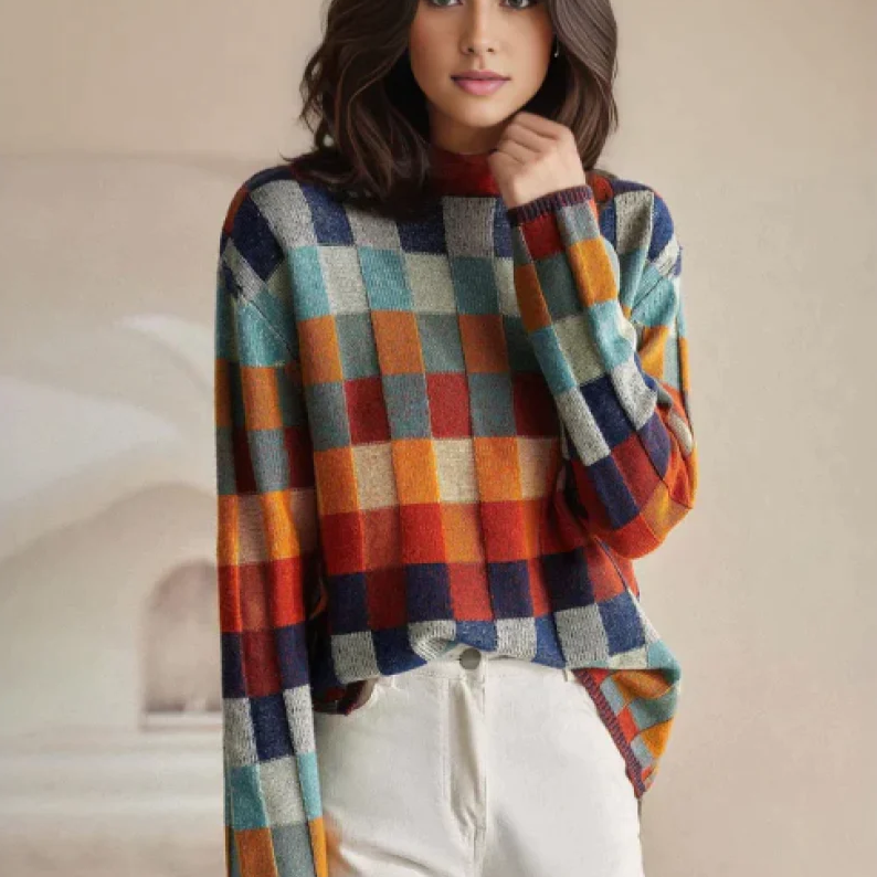 Women's Colorblock Check Knit Mock-Neck Sweater