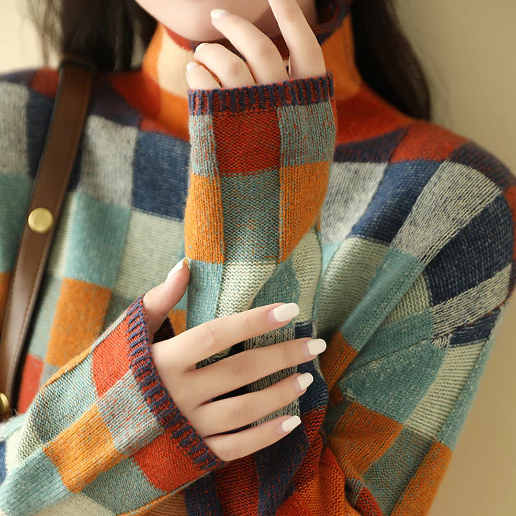 Women's Colorblock Check Knit Mock-Neck Sweater