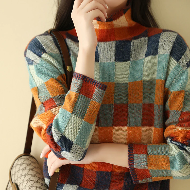 Women's Colorblock Check Knit Mock-Neck Sweater