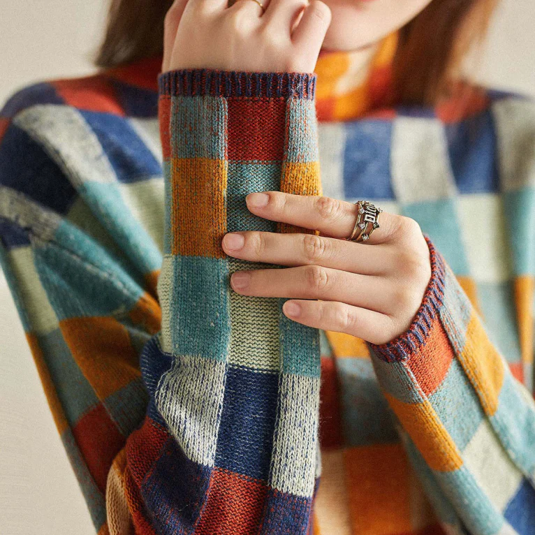 Women's Colorblock Check Knit Mock-Neck Sweater