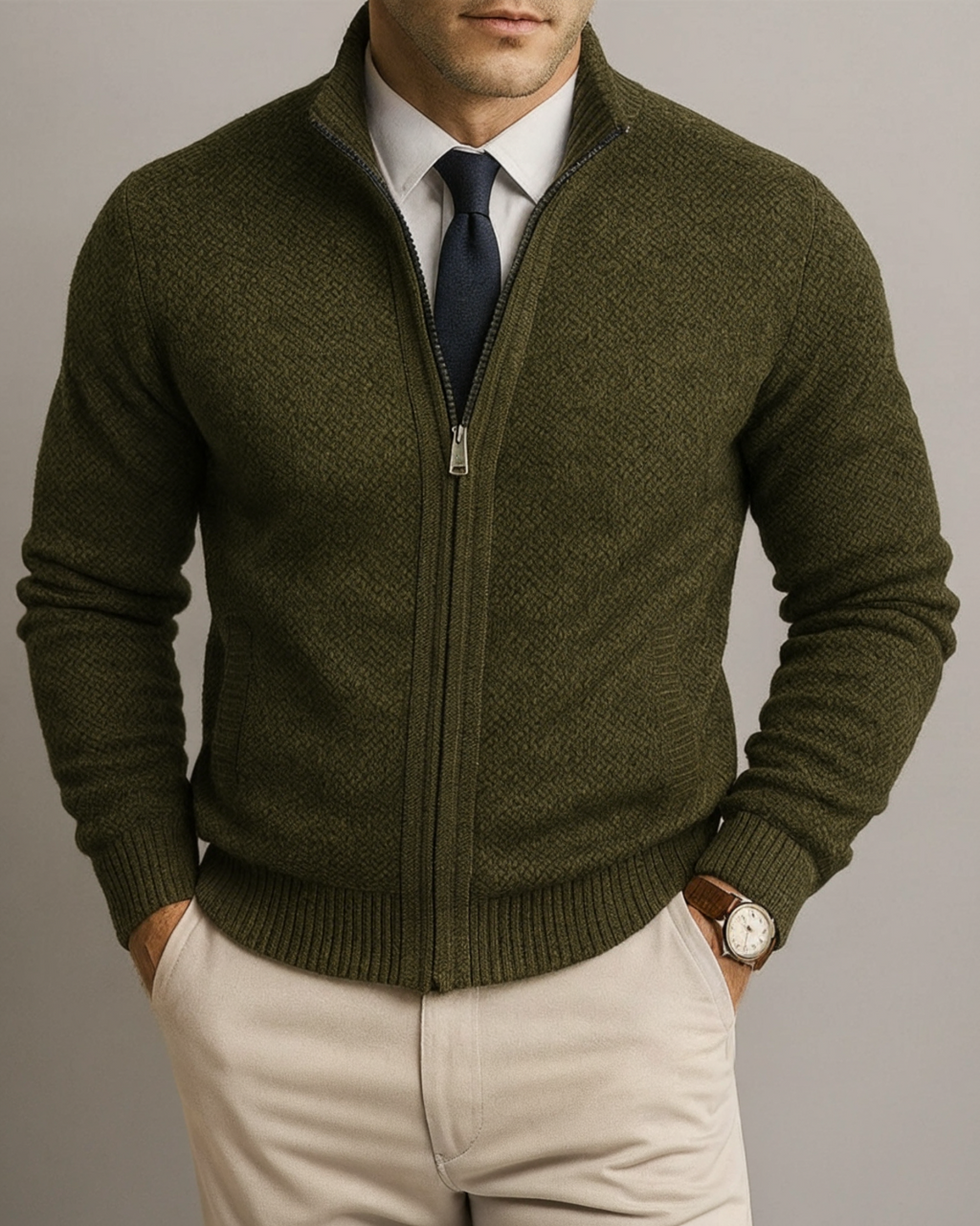 Men's Full-Zip Knit Cardigan with Stand Collar