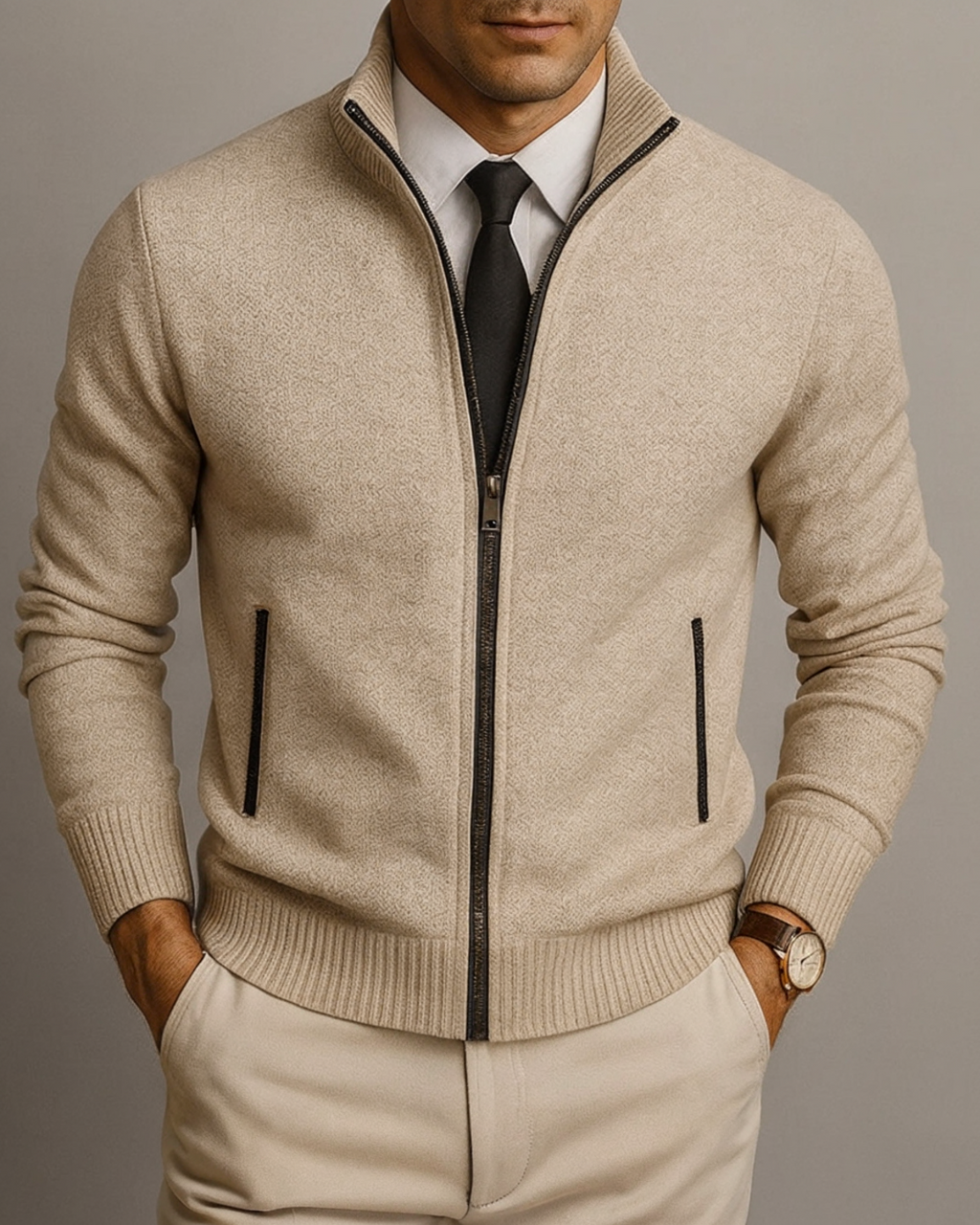 Men's Full-Zip Knit Cardigan with Stand Collar