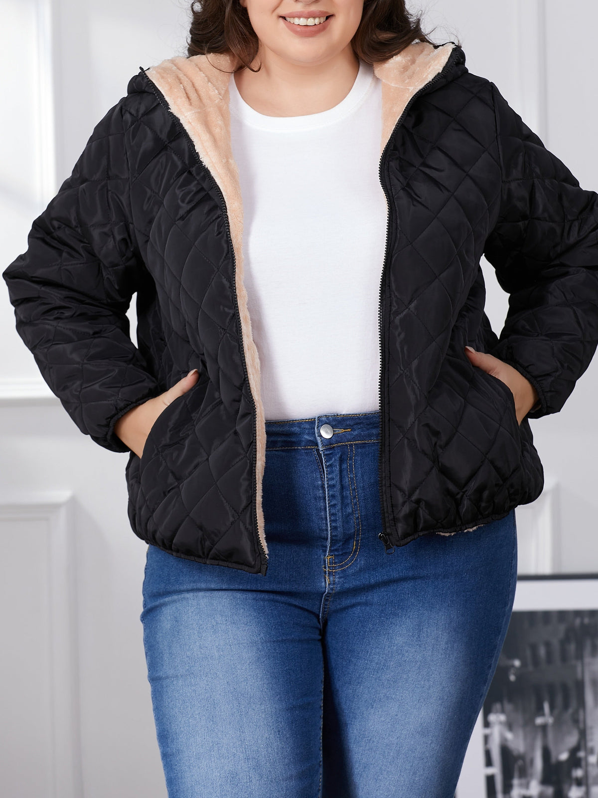 Women's Plus Size Sherpa-Lined Quilted Bomber Jacket with Hood